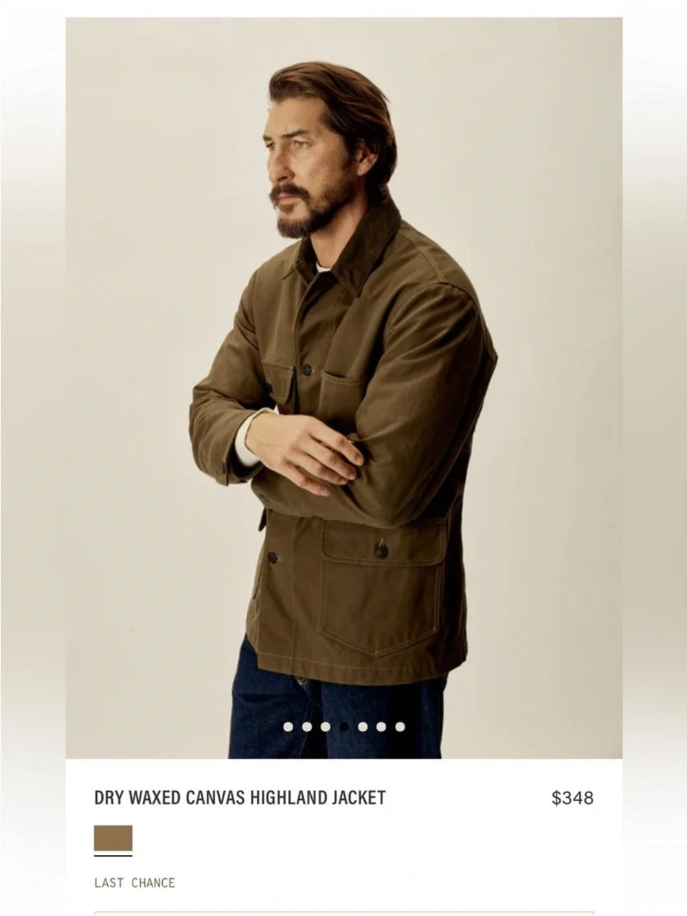 Buck Mason surplus green dry waxed canvas highland jacket size L men’s flaw